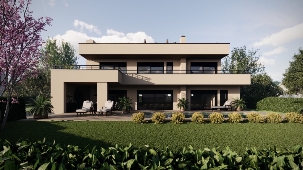 Rear exterior view of a modern luxury villa with landscaped garden and terrace