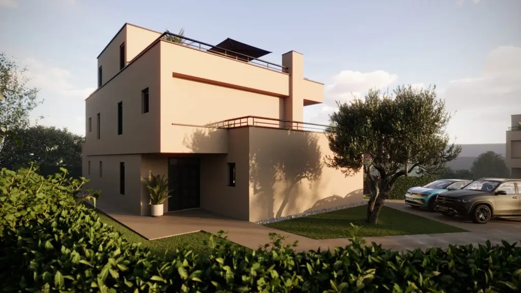Exterior of a modern luxury villa with private parking area and landscaped garden