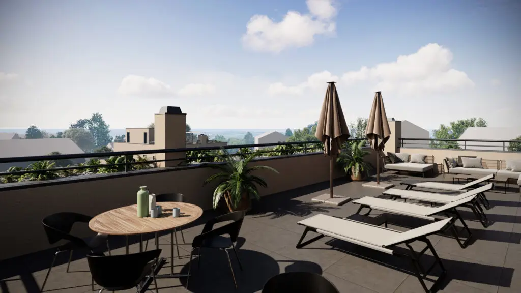 Rooftop terrace of a modern luxury villa with sun loungers, seating area, and panoramic views