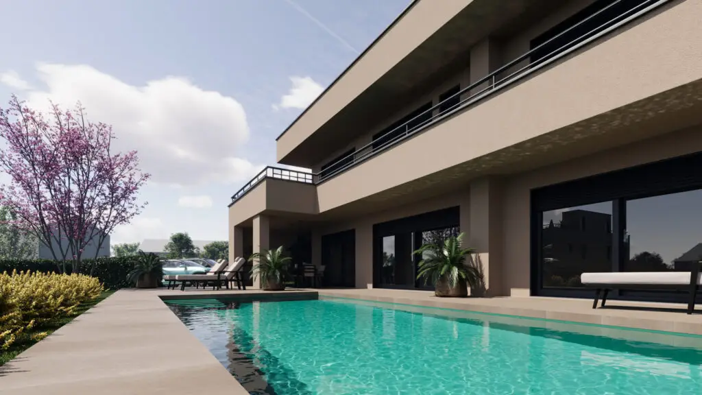 Modern luxury villa with swimming pool, sun loungers, and contemporary exterior design