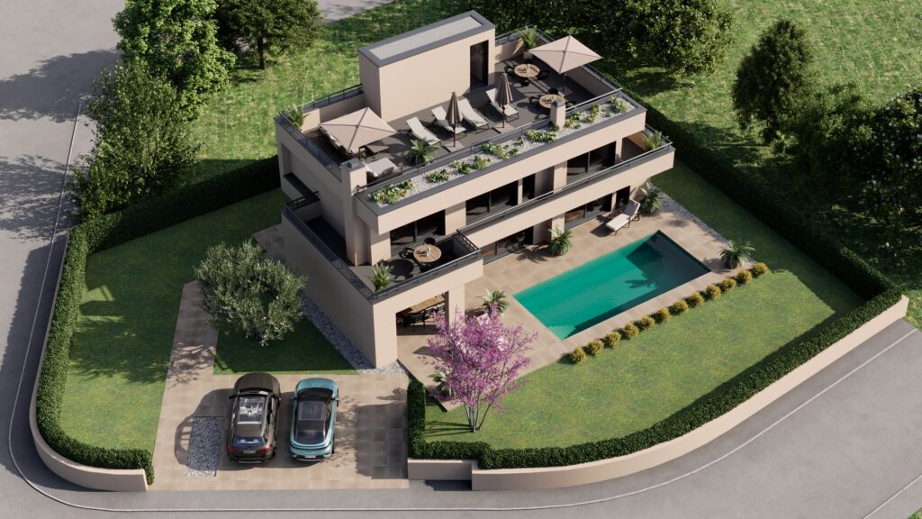Aerial view of a modern luxury villa with swimming pool, rooftop terrace, garden, and private parking