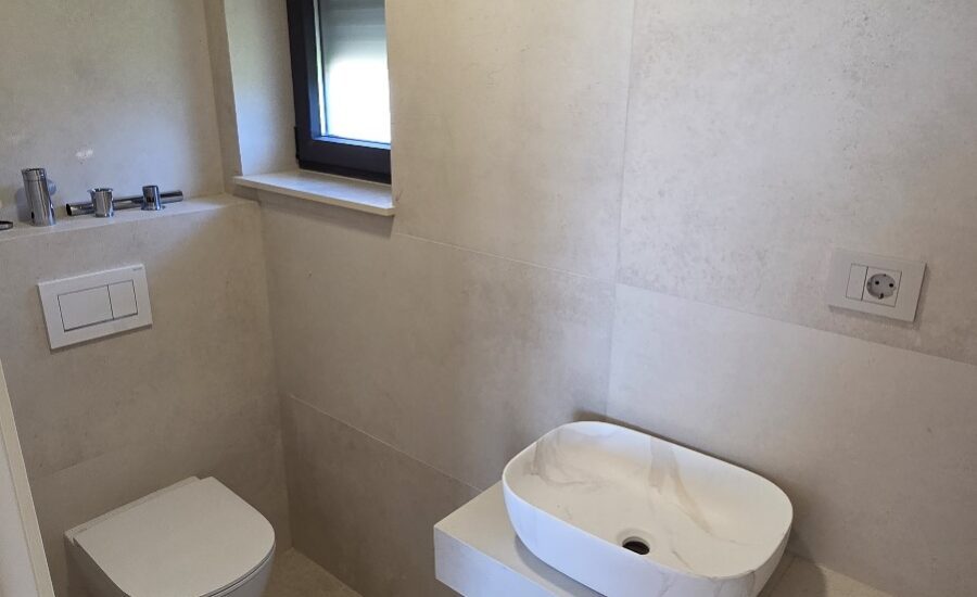 Modern bathroom with wall-mounted toilet and countertop basin.