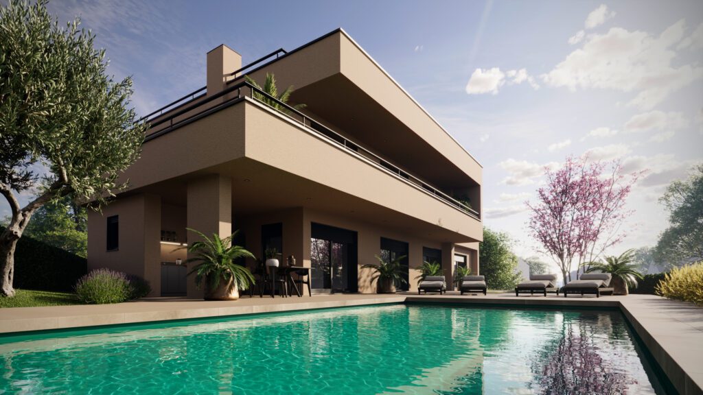 Luxury modern villa with swimming pool and large glass sliding doors, ideal for coastal living.