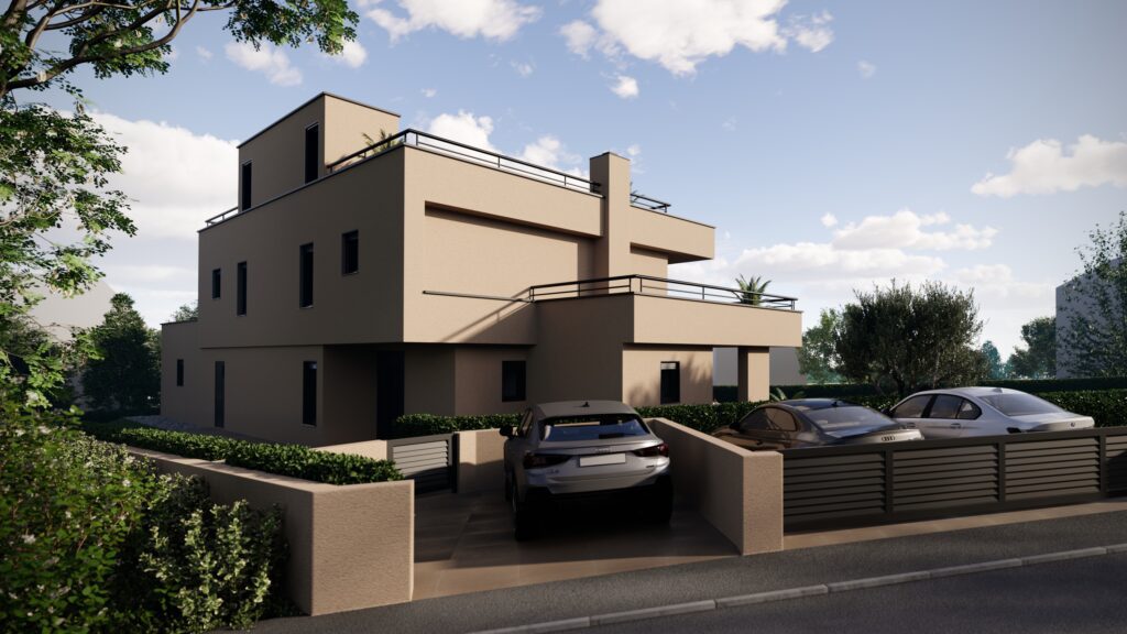 Modern luxury villa exterior with private parking, terraces, and contemporary architecture