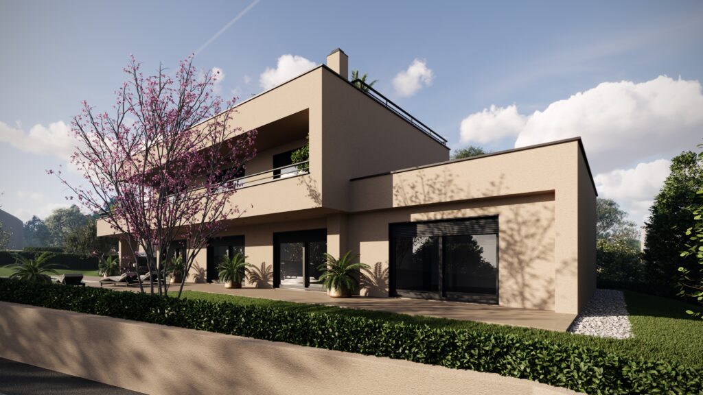 Modern luxury villa exterior with contemporary architecture, landscaped garden, and terraces
