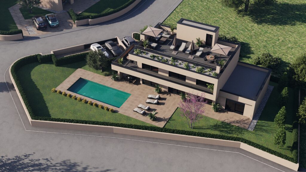Aerial view of a modern luxury villa with swimming pool, landscaped garden, and rooftop terrace