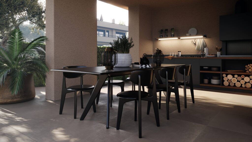 Luxury covered outdoor kitchen and dining area with modern design in a contemporary villa