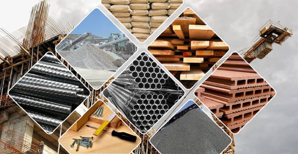 Construction materials including steel pipes, lumber, bricks, cement, and aggregates